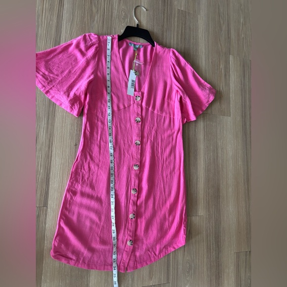 Good Luck Gem Dress Mini Pink Linen Button Flutter Sleeve Womens S Boho NWT - Picture 6 of 11